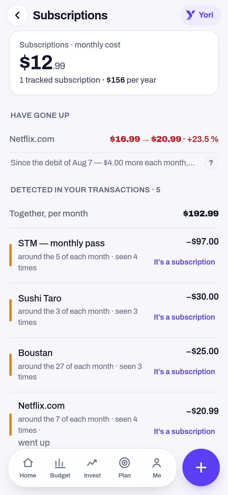 Subscriptions — a screen from the Yoseri app