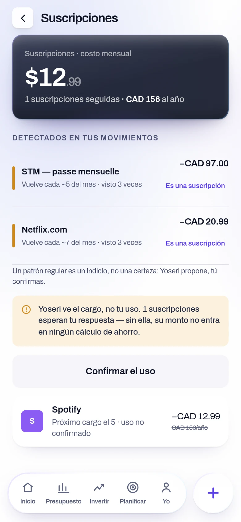 Captura de la pantalla Suscripciones de la aplicación Yoseri. Los cargos recurrentes detectados, su total mensual y anual, las subidas de precio y las líneas que esperan tu respuesta.