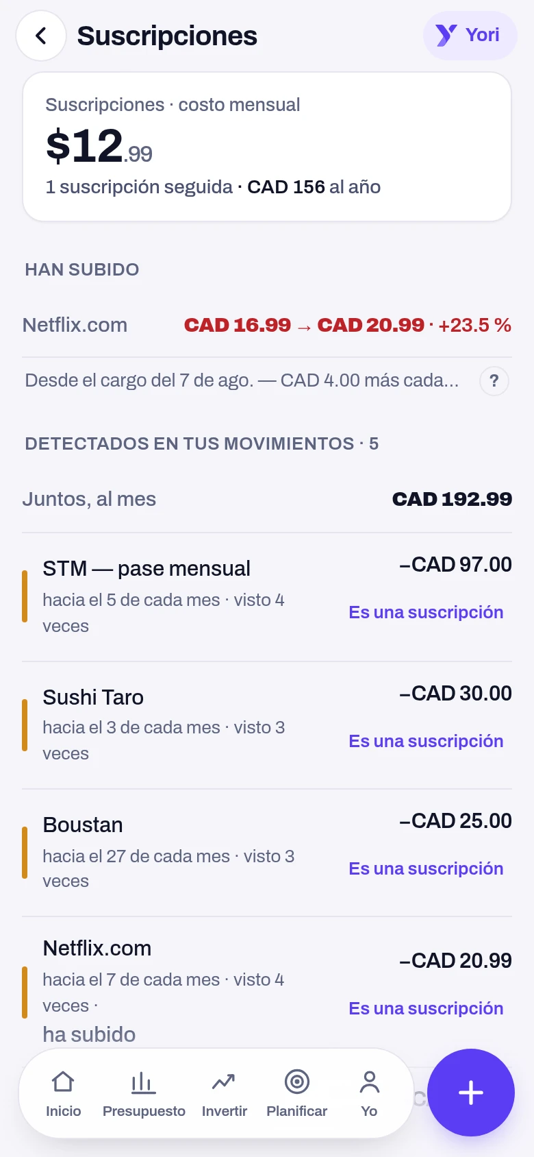 Suscripciones — pantalla de la app Yoseri