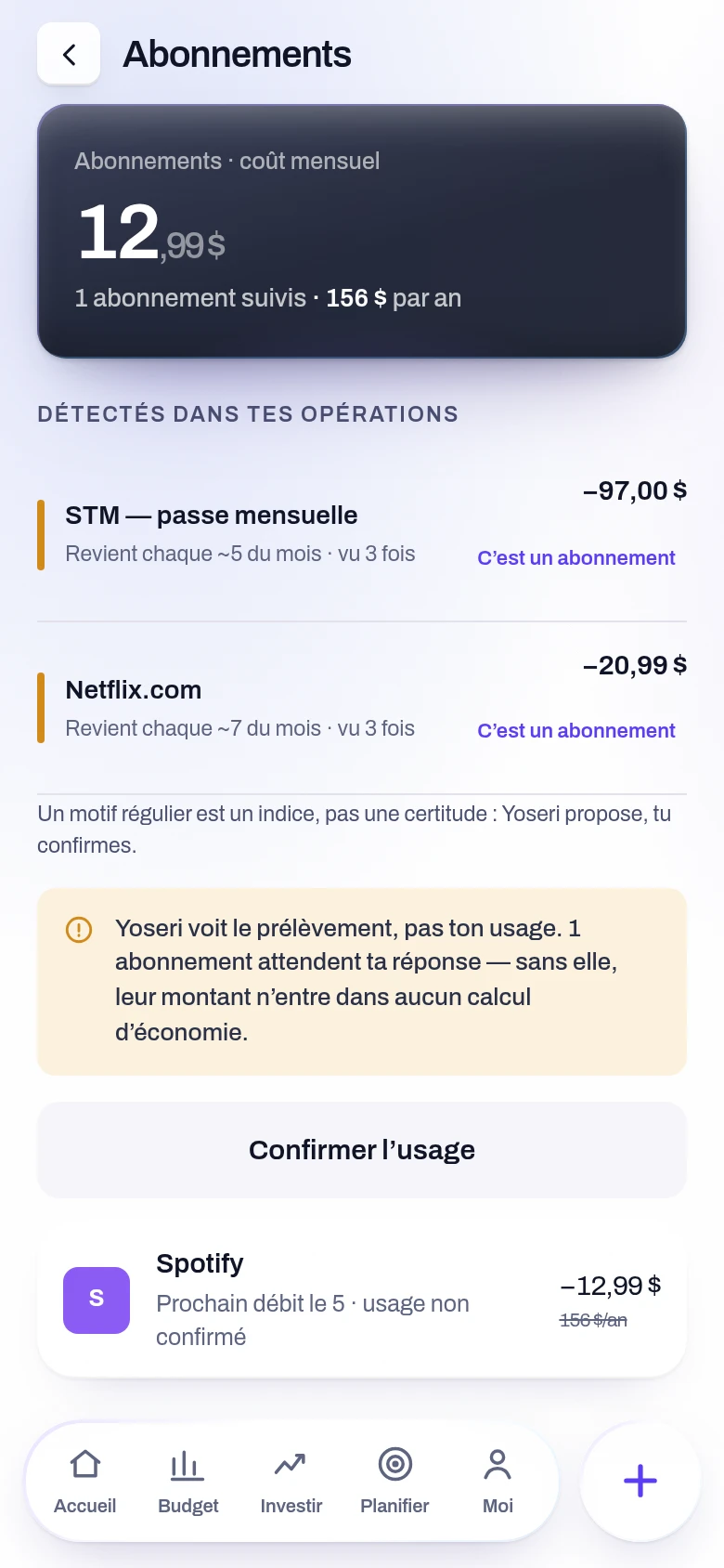 Capture de l’écran Abonnements de l’application Yoseri. Les prélèvements récurrents détectés, leur total mensuel et annuel, les hausses de prix et les lignes en attente de ta réponse.