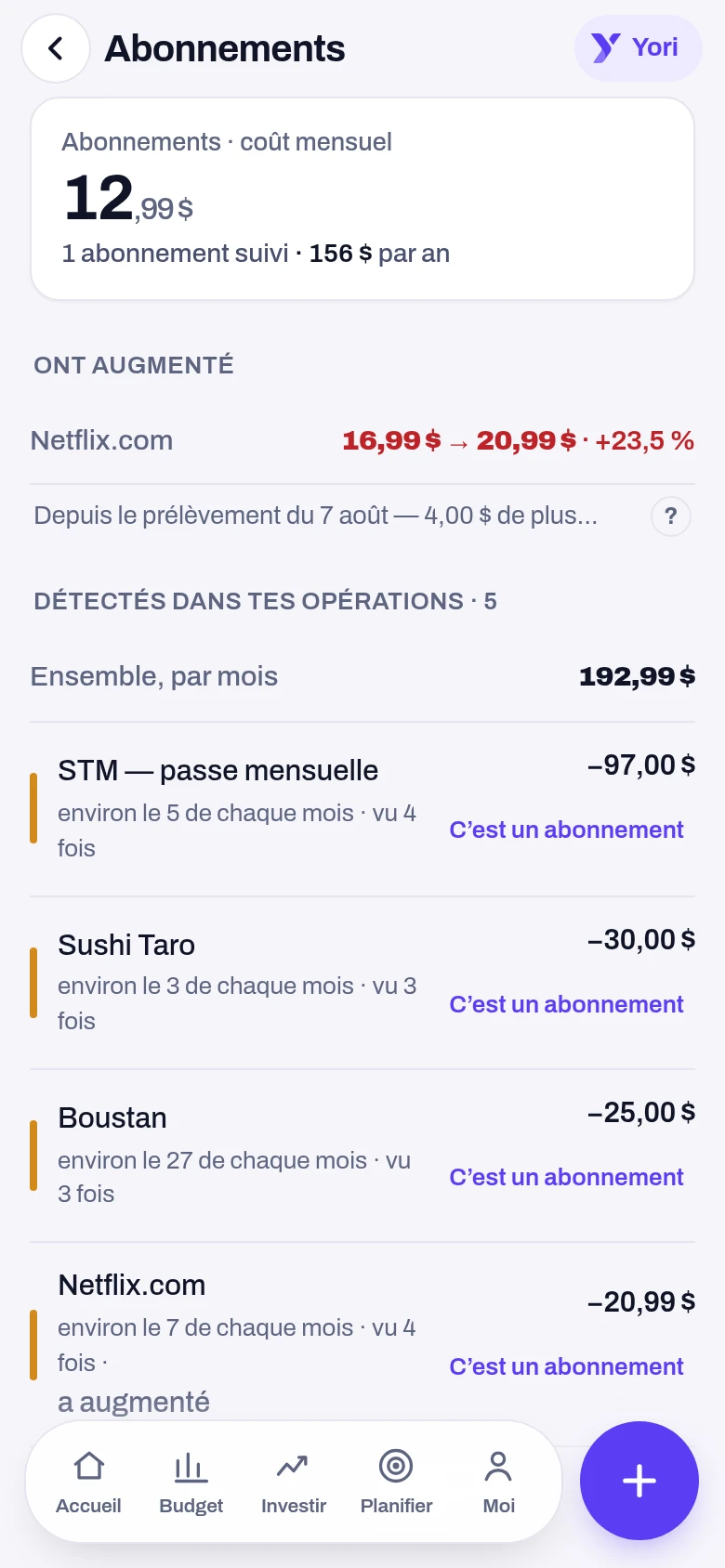 Abonnements — écran de l'application Yoseri