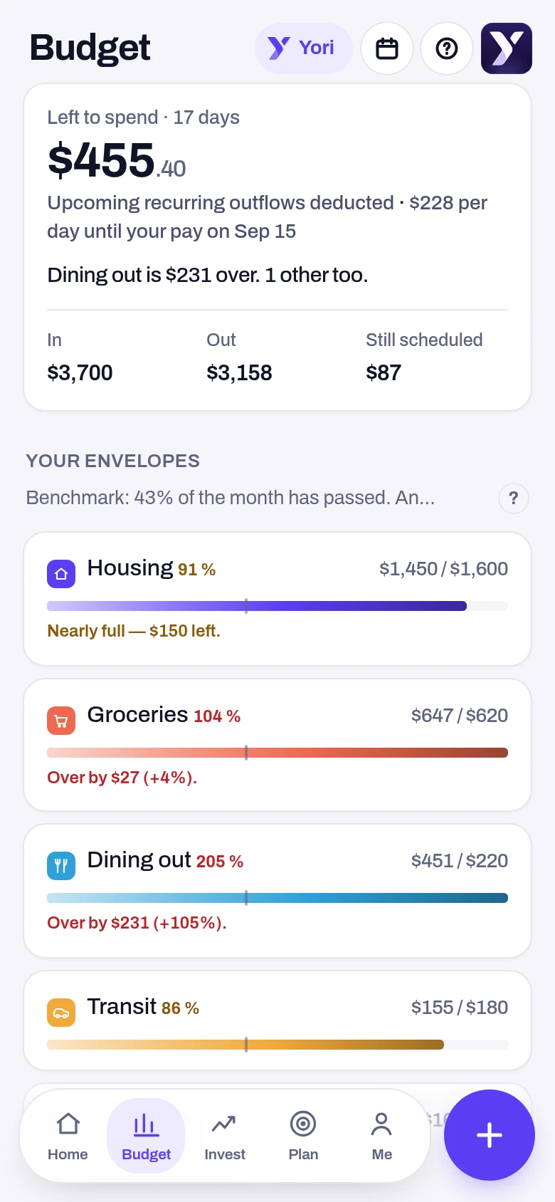 Budget — a screen from the Yoseri app