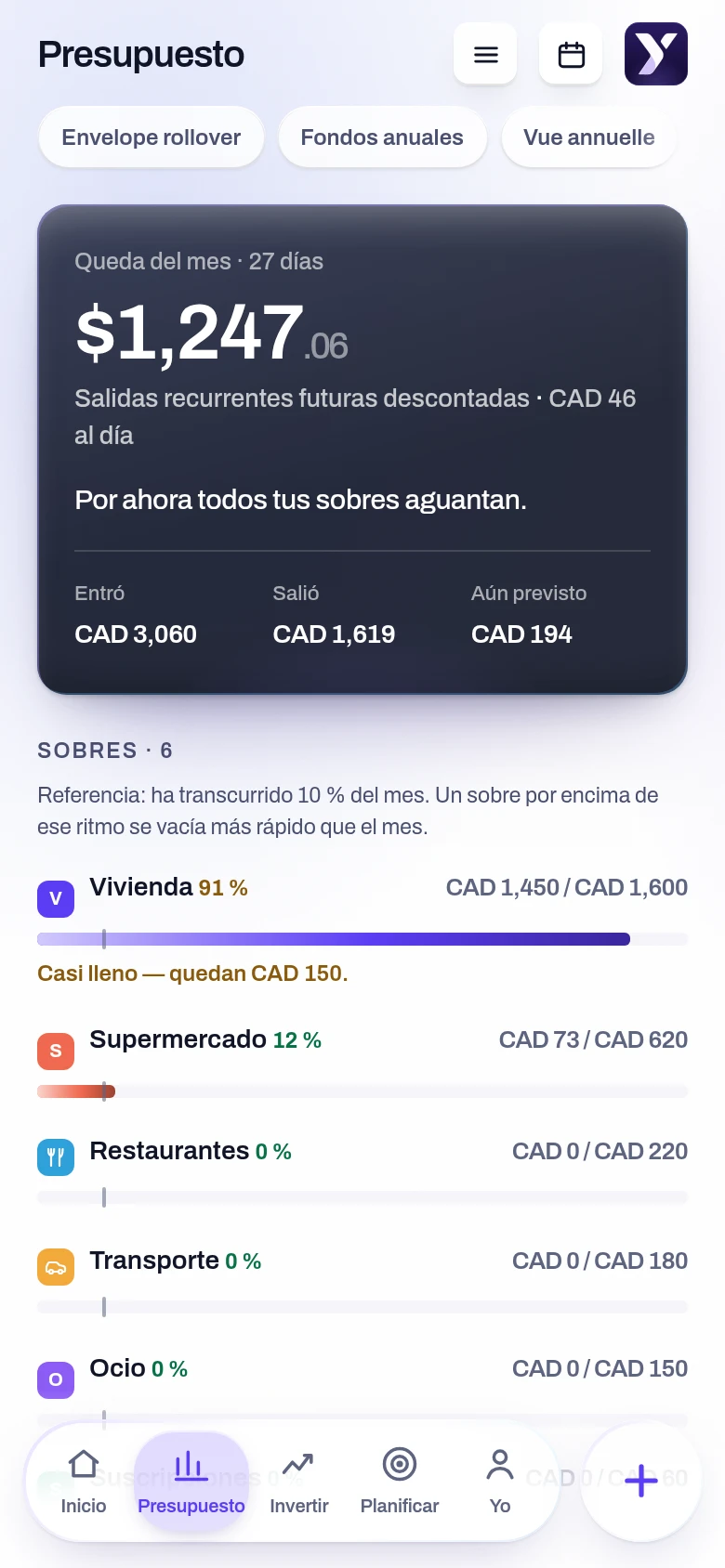 Captura de la pantalla Presupuesto del mes de la aplicación Yoseri. Lo que queda del mes una vez descontadas las salidas recurrentes futuras, y cada sobre con su nivel de uso y el ritmo real del mes.