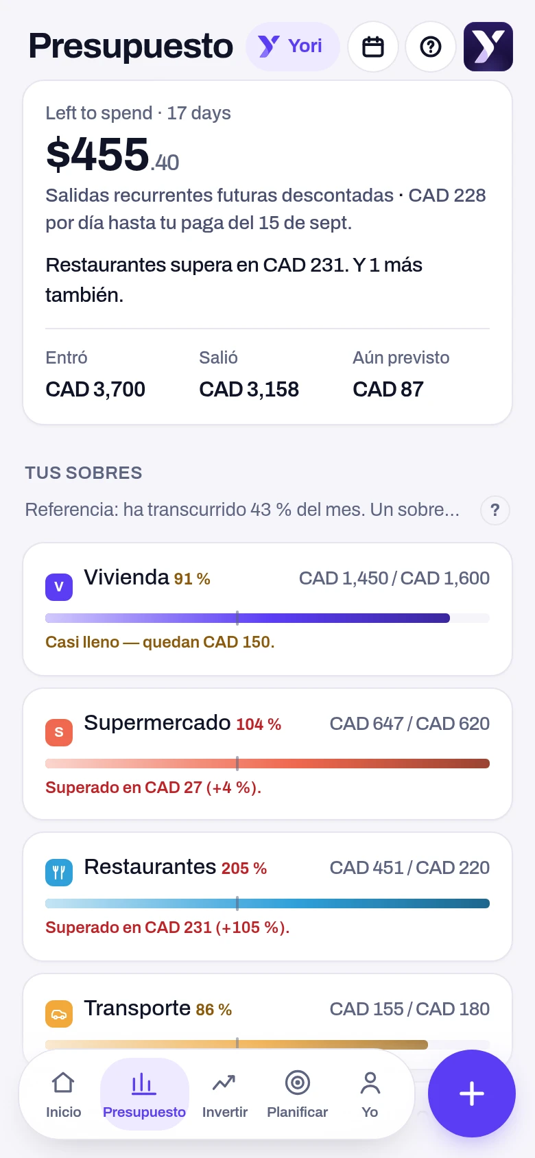 Presupuesto — pantalla de la app Yoseri