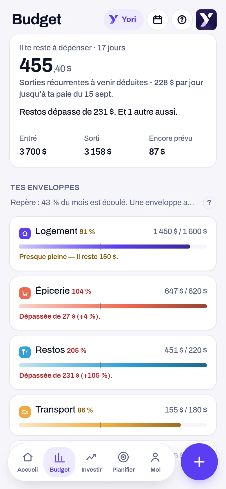 Budget — écran de l'application Yoseri