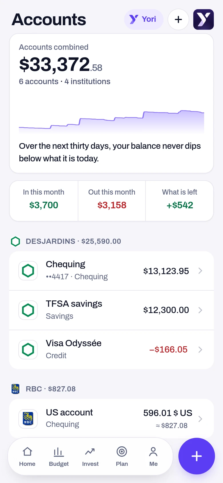 Accounts and net worth — a screen from the Yoseri app
