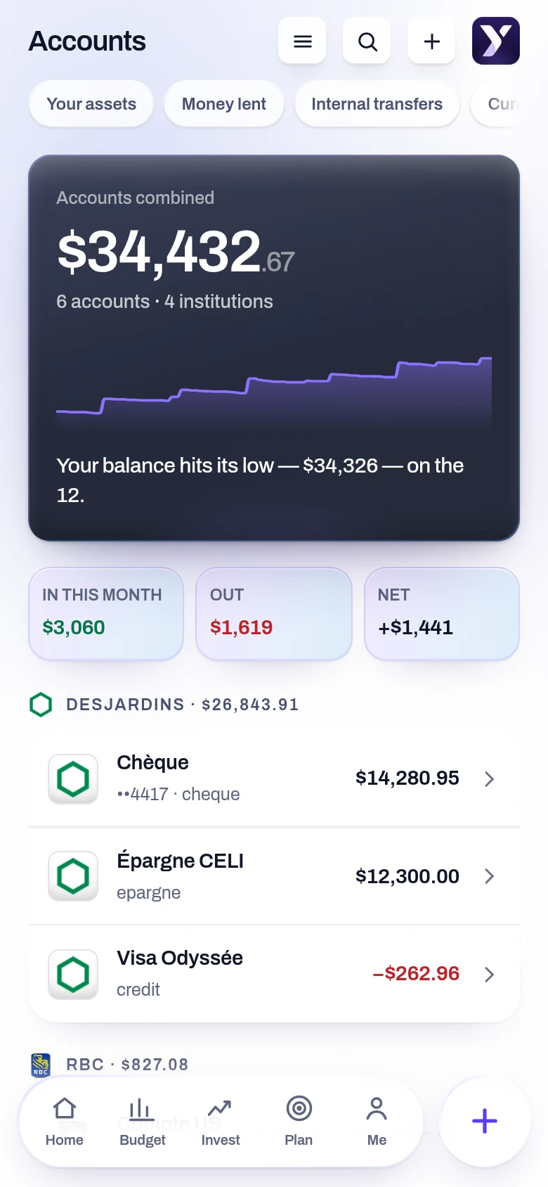 Screenshot of the Accounts screen in the Yoseri app. Your accounts gathered with their institution, your cards with their due date, and net worth computed as assets minus debt.