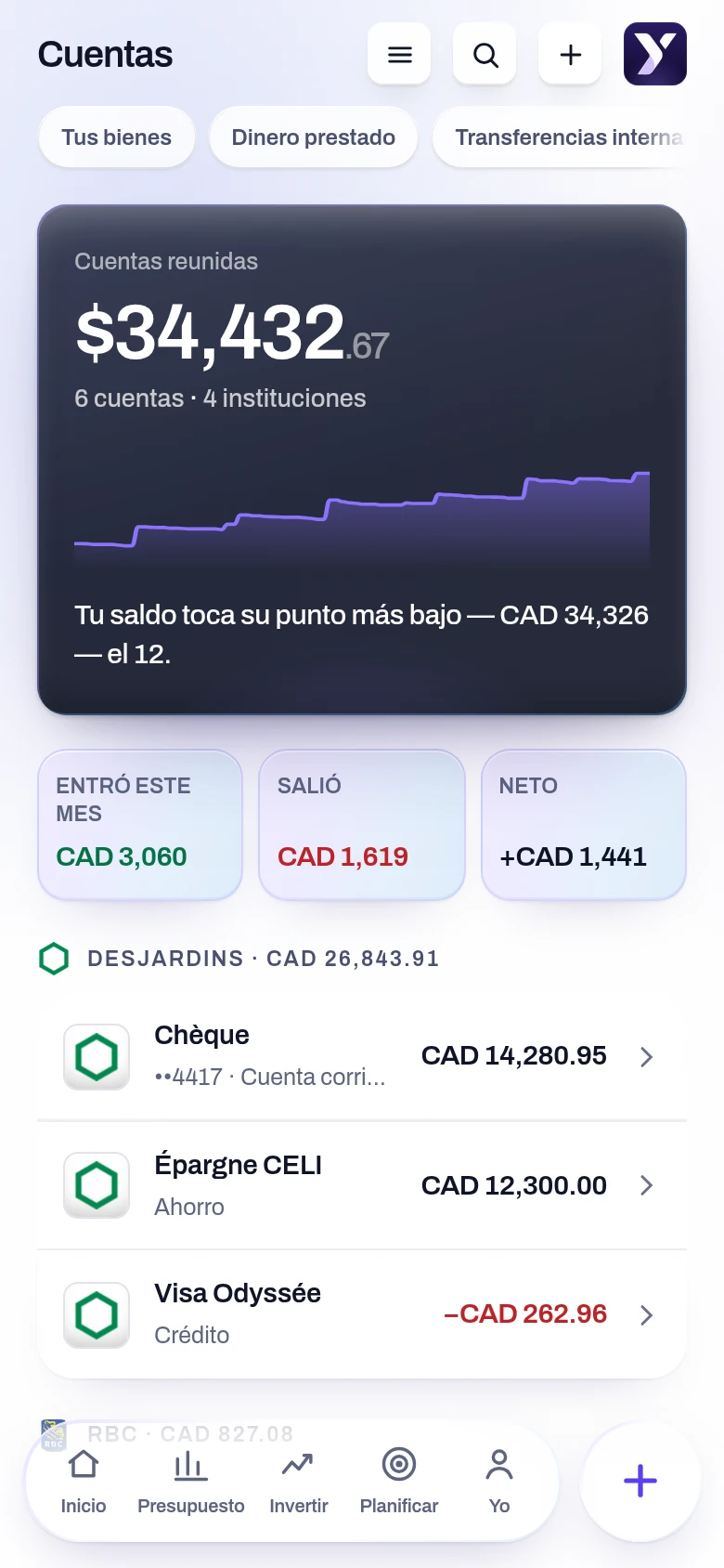 Captura de la pantalla Cuentas de la aplicación Yoseri. Tus cuentas reunidas con su entidad, tus tarjetas con su vencimiento, y el patrimonio neto calculado como activos menos deudas.