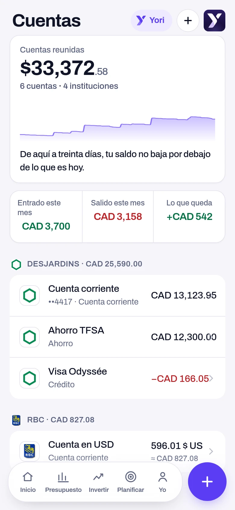 Cuentas y patrimonio — pantalla de la app Yoseri