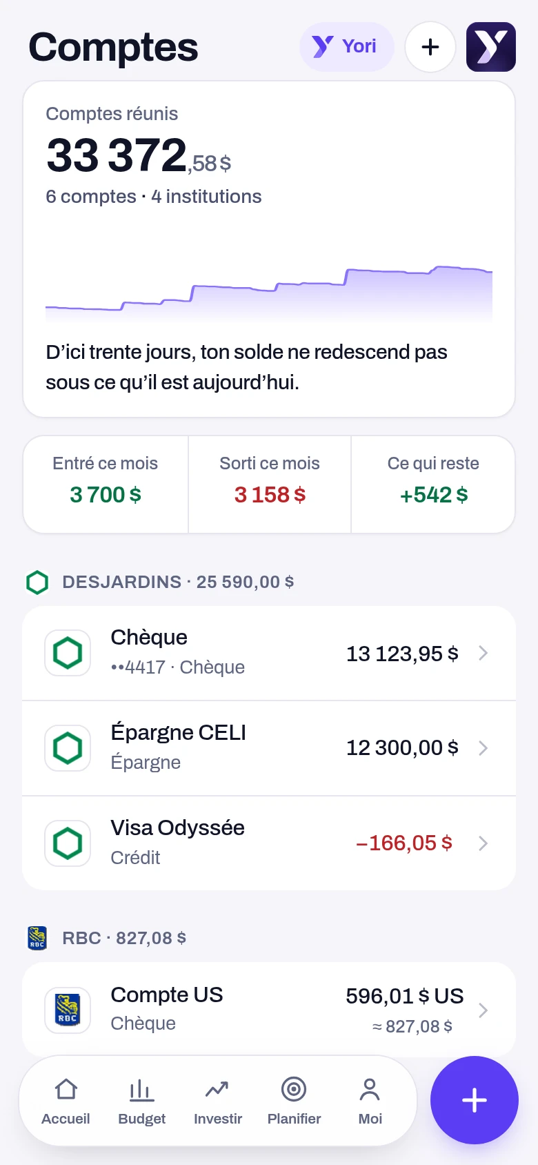 Comptes et patrimoine — écran de l'application Yoseri