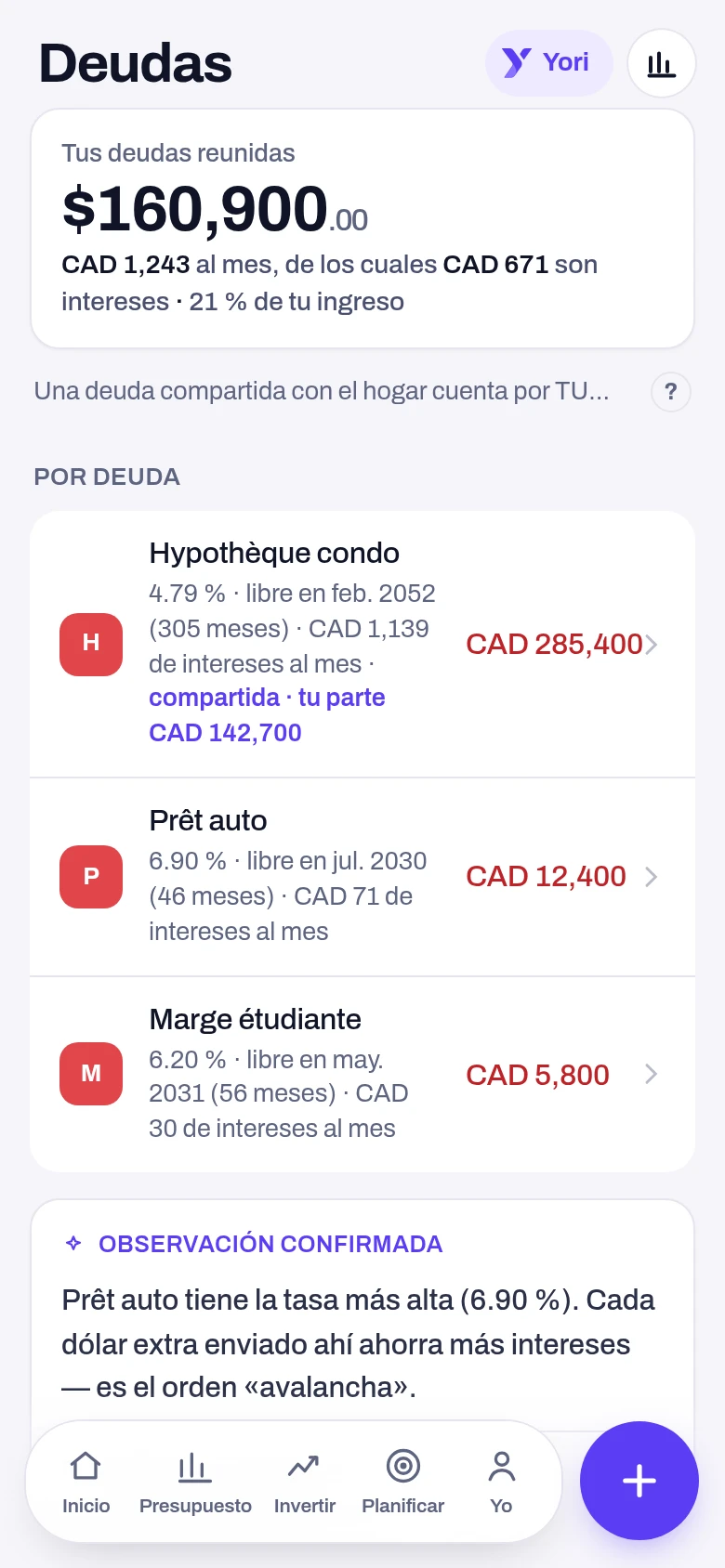 Deudas — pantalla de la app Yoseri