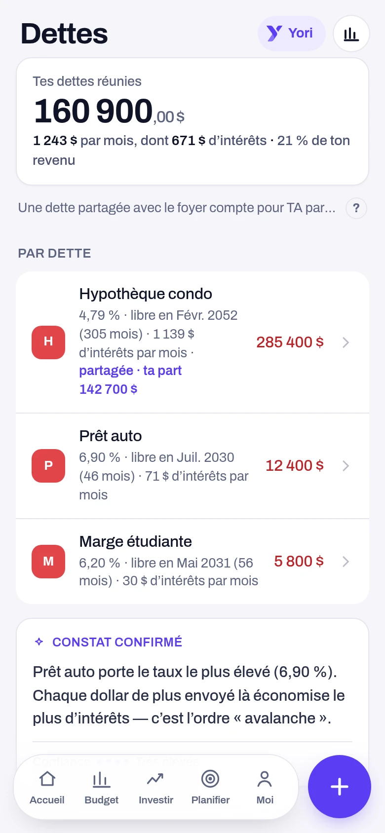 Dettes — écran de l'application Yoseri