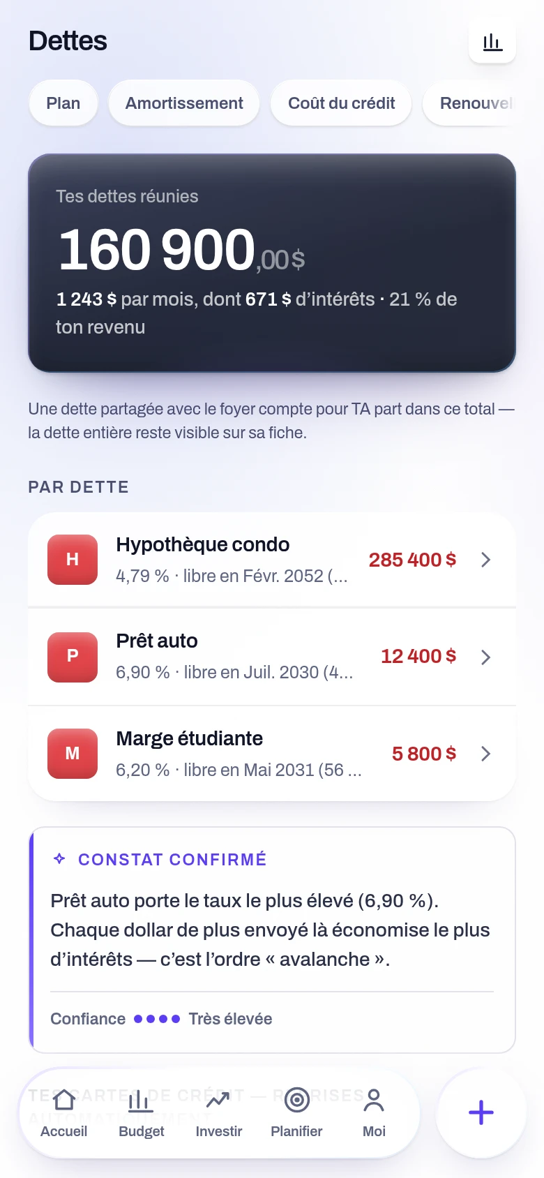 Capture de l’écran Tes dettes de l’application Yoseri. Chaque dette avec son taux et son échéance, le total dû, et la part de mensualité qui rembourse vraiment du capital.