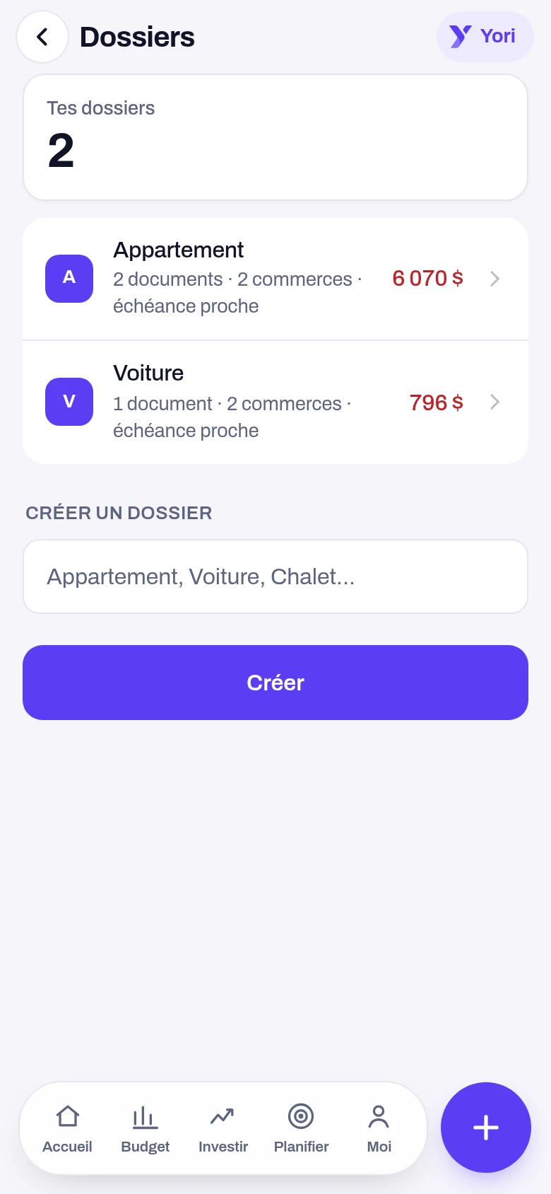 Documents — écran de l'application Yoseri