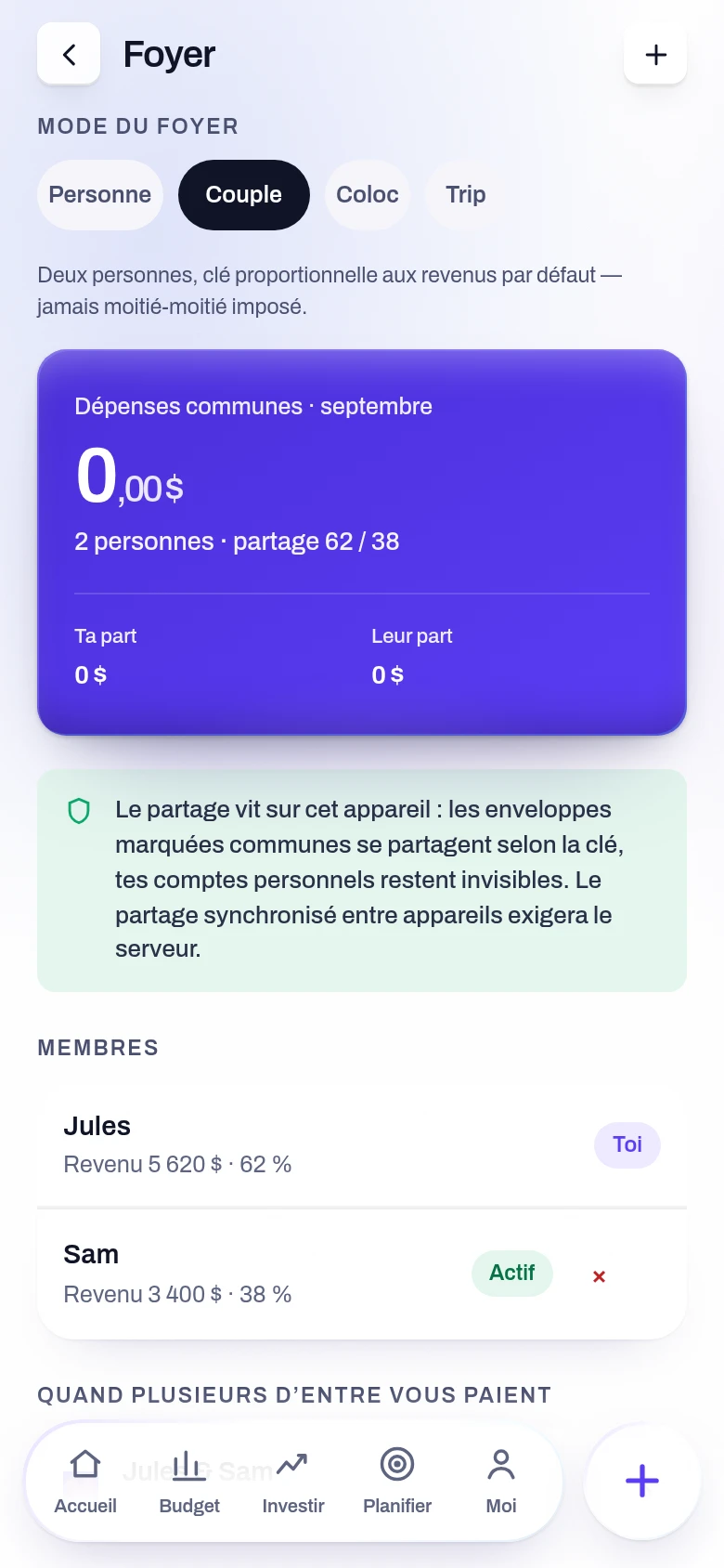 Capture de l’écran Foyer et partage de l’application Yoseri. Le mode du foyer, la clé de partage proportionnelle aux revenus, les dépenses communes du mois avec ta part et la leur, et les membres avec leur pourcentage.
