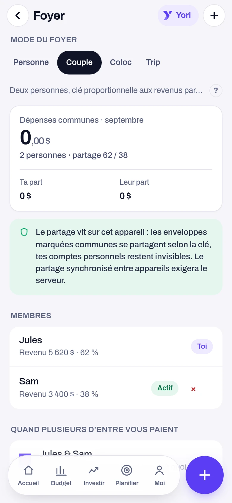 Capture de l’écran Foyer et partage de l’application Yoseri. Le mode du foyer, la clé de partage proportionnelle aux revenus, les dépenses communes du mois avec ta part et la leur, et les membres avec leur pourcentage.