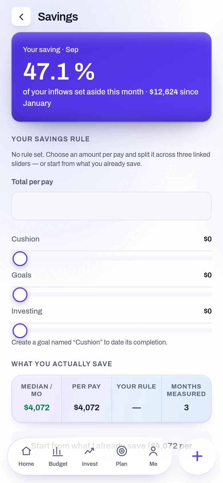 Screenshot of the Savings and rule screen in the Yoseri app. The savings rule being followed, your safety cushion in months of spending, and dated goals with how far off each one is.
