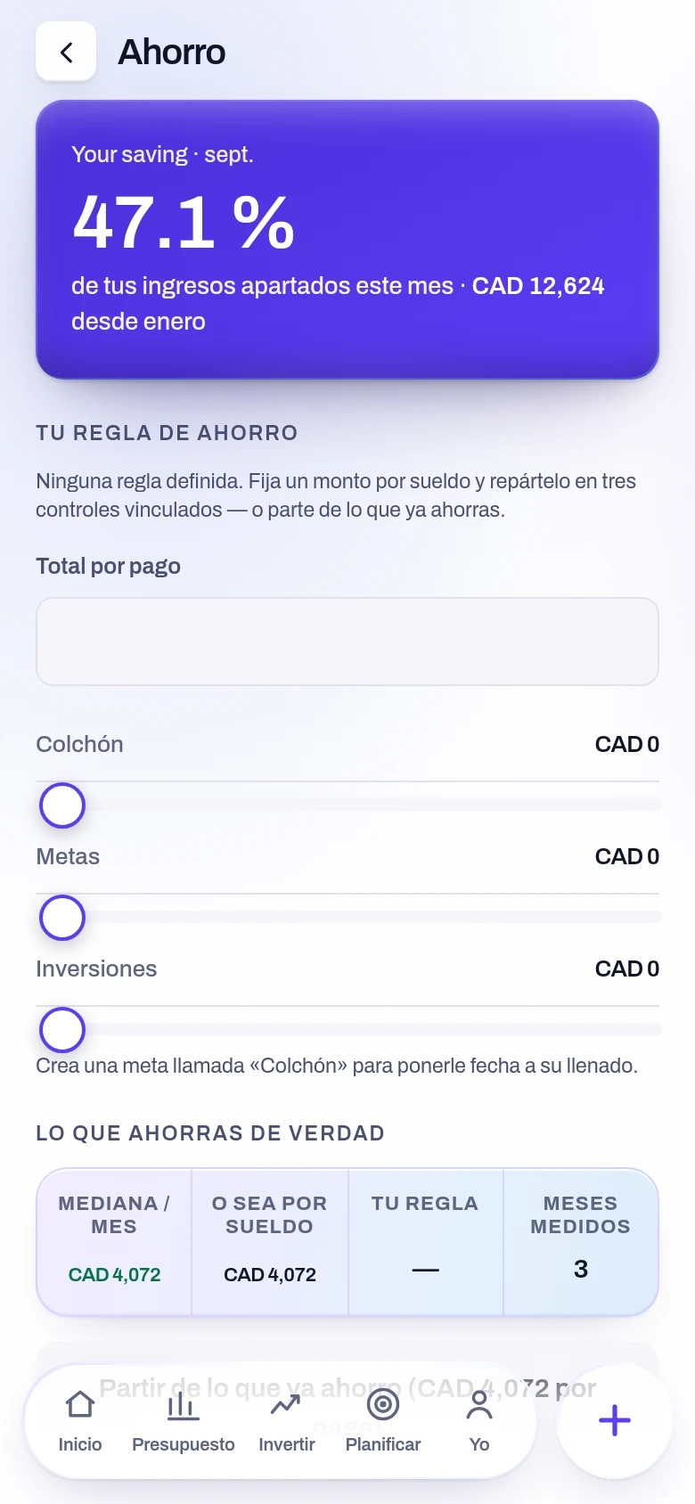 Captura de la pantalla Ahorro y regla de la aplicación Yoseri. La regla de ahorro que se cumple, tu colchón de seguridad en meses de gasto y los objetivos con fecha y su distancia.