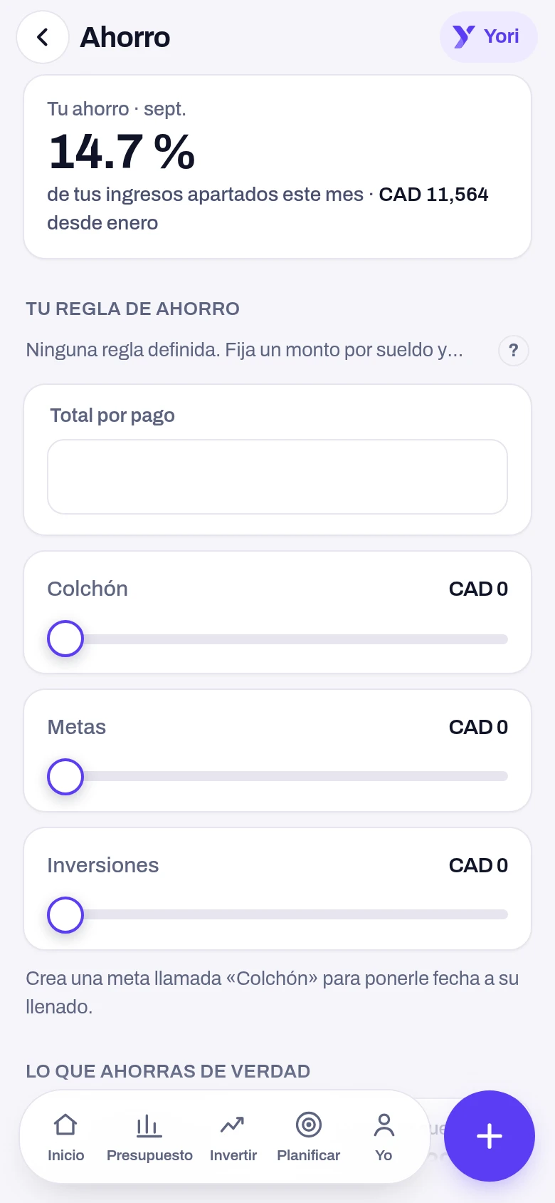 Ahorro y objetivos — pantalla de la app Yoseri