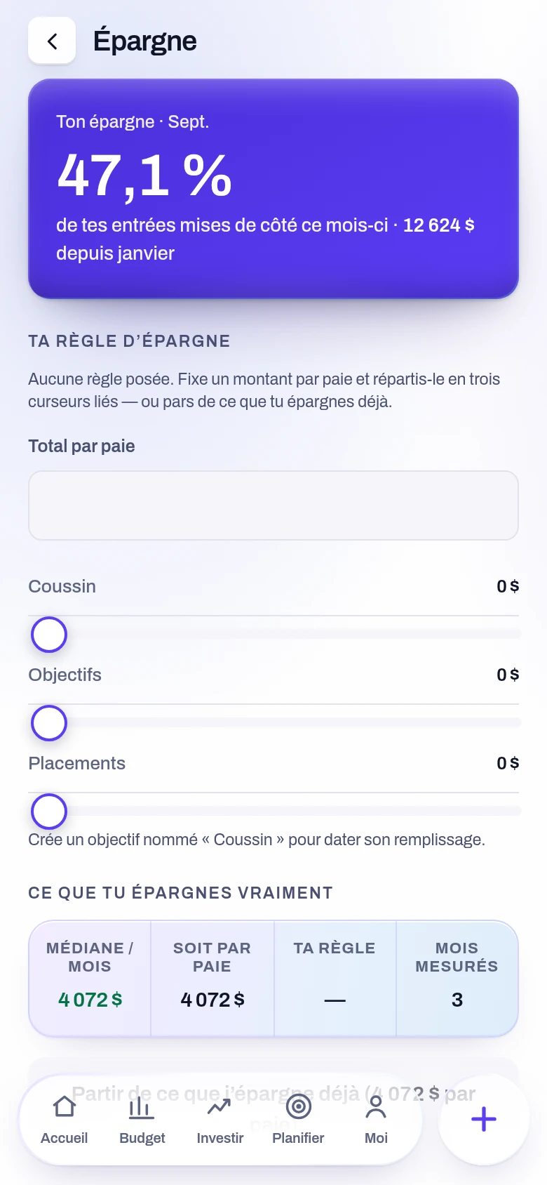 Capture de l’écran Épargne et règle de l’application Yoseri. La règle d’épargne suivie, le coussin de sécurité en mois de dépenses, et les objectifs datés avec leur écart.