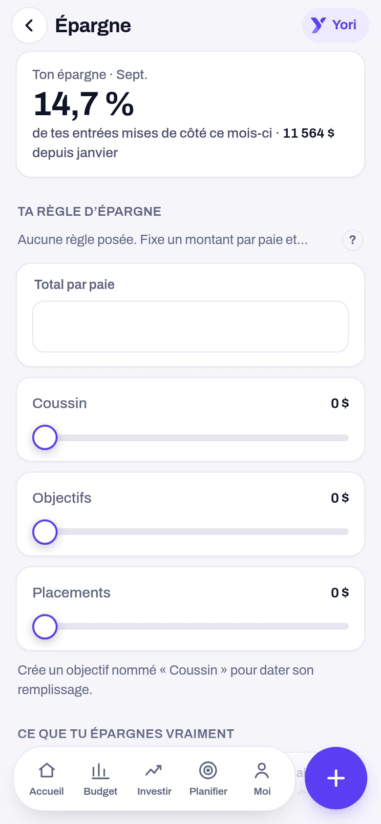 Épargne et objectifs — écran de l'application Yoseri