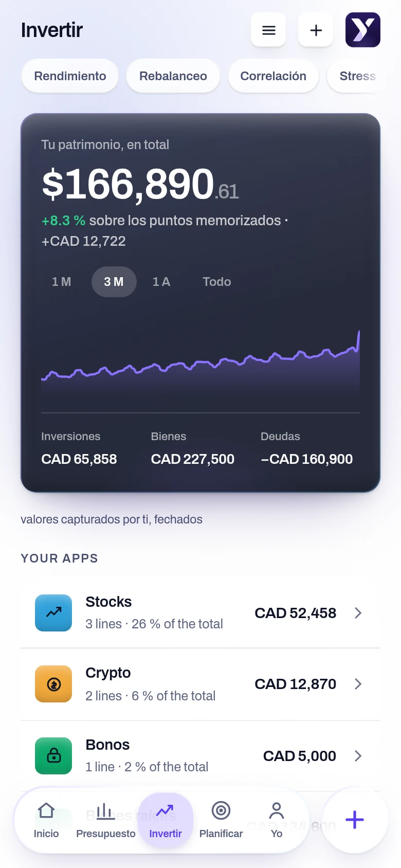 Captura de la pantalla Invertir de la aplicación Yoseri. El patrimonio total, su curva y la evolución del capital por clase de activo — inversiones, bienes y deudas por separado.