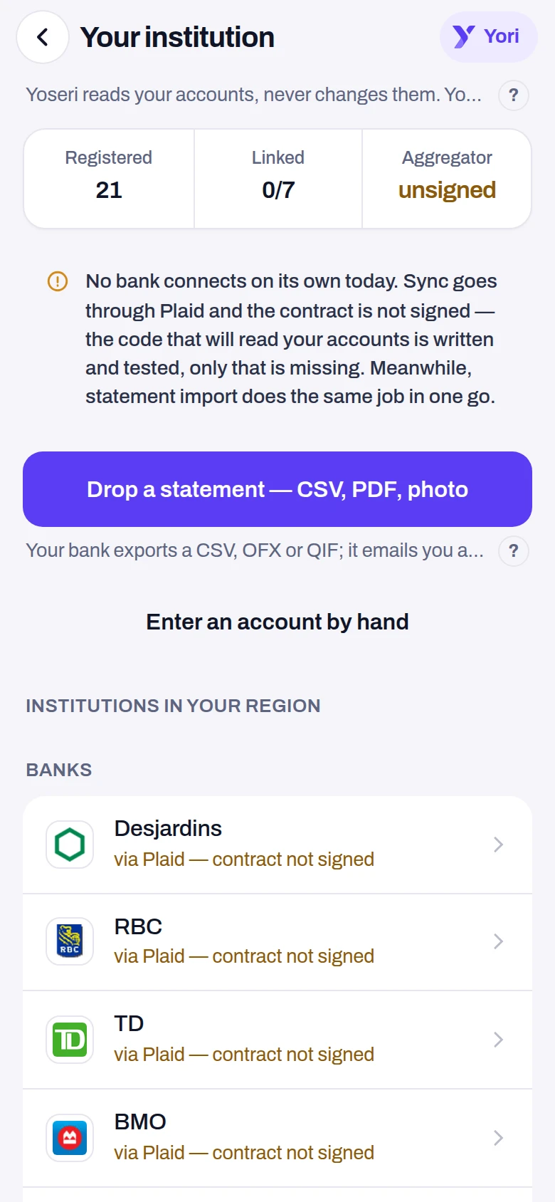 Linking an institution — a screen from the Yoseri app