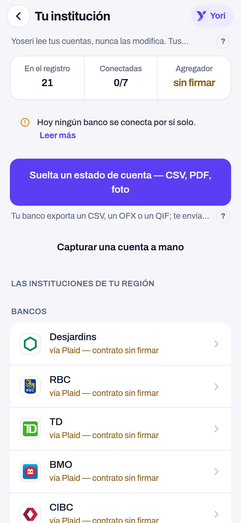 Vincular una institución — pantalla de la app Yoseri