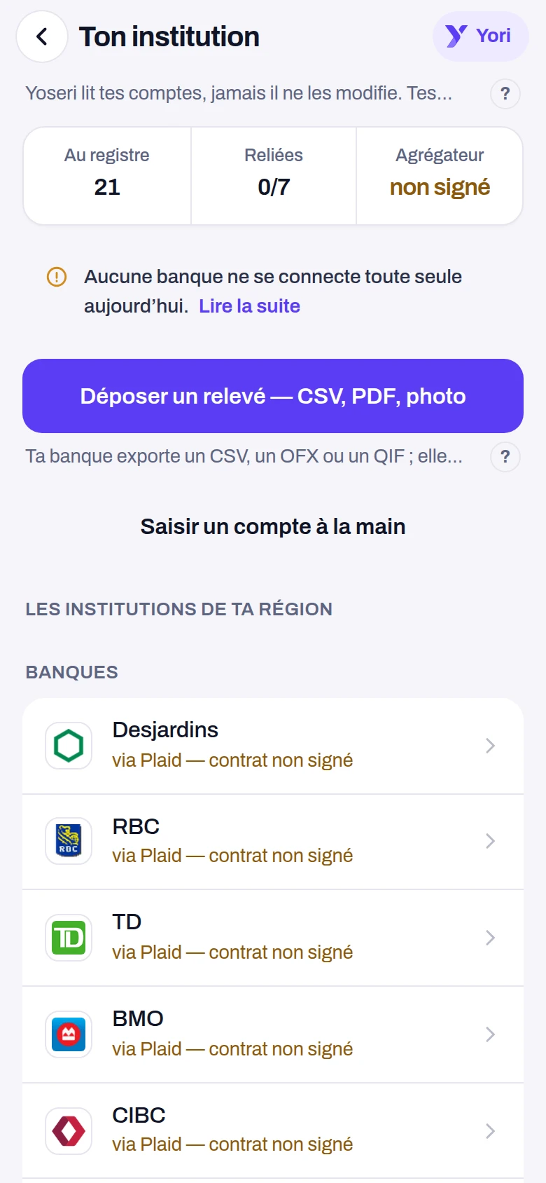 Lier une institution — écran de l'application Yoseri