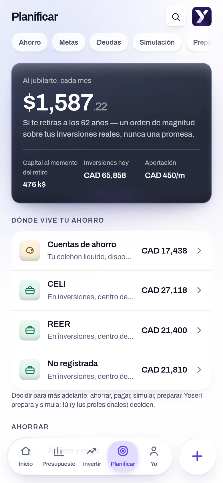 Captura de la pantalla Planificar de la aplicación Yoseri. La proyección de ingresos en la jubilación, los sistemas públicos, el espacio sin usar en tus cuentas con ventaja fiscal y lo que queda por cubrir.