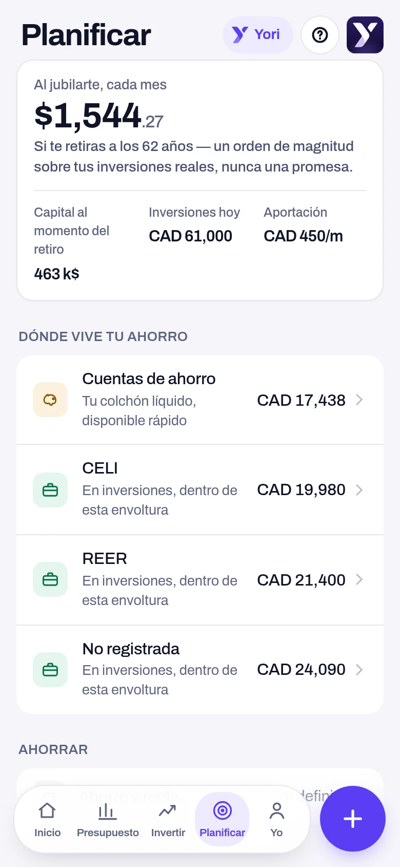 Planificar — pantalla de la app Yoseri