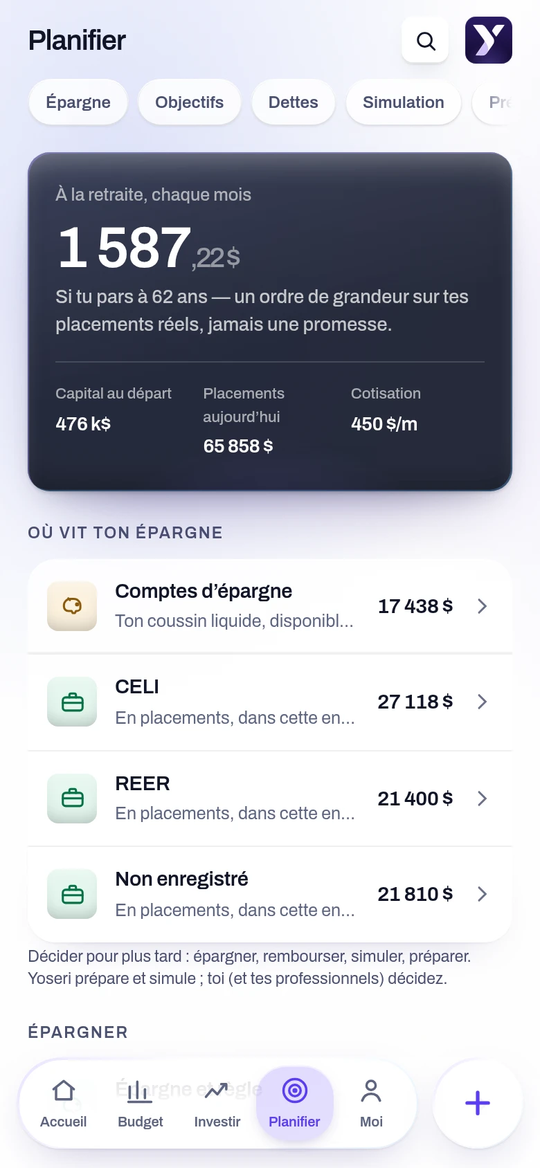 Capture de l’écran Planifier de l’application Yoseri. La projection de revenu à la retraite, les régimes publics, l’espace inutilisé dans les abris fiscaux et ce qui reste à couvrir.
