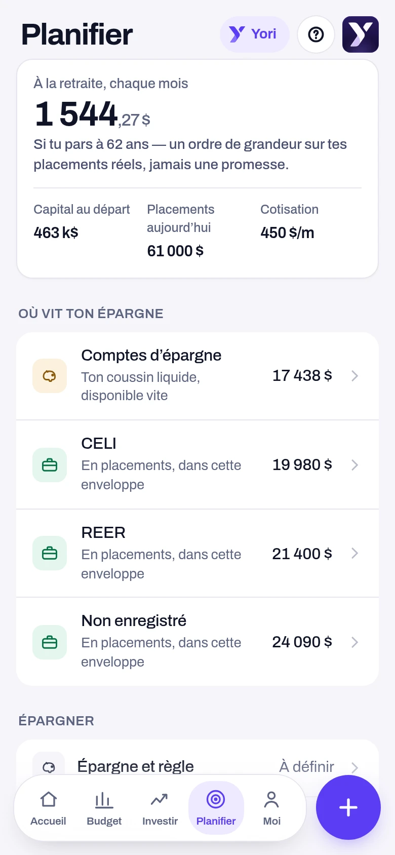 Planifier — écran de l'application Yoseri