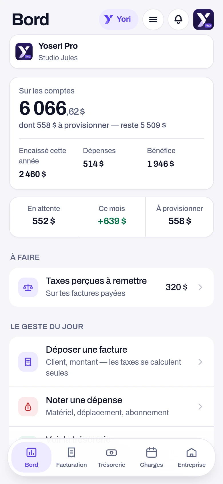 Capture de l’écran Tableau de bord Pro de l’application Yoseri. Le solde des comptes de l’entreprise, ce qu’il reste une fois les provisions retirées, l’encaissé, les dépenses et le bénéfice de l’année, et les taxes perçues à remettre.