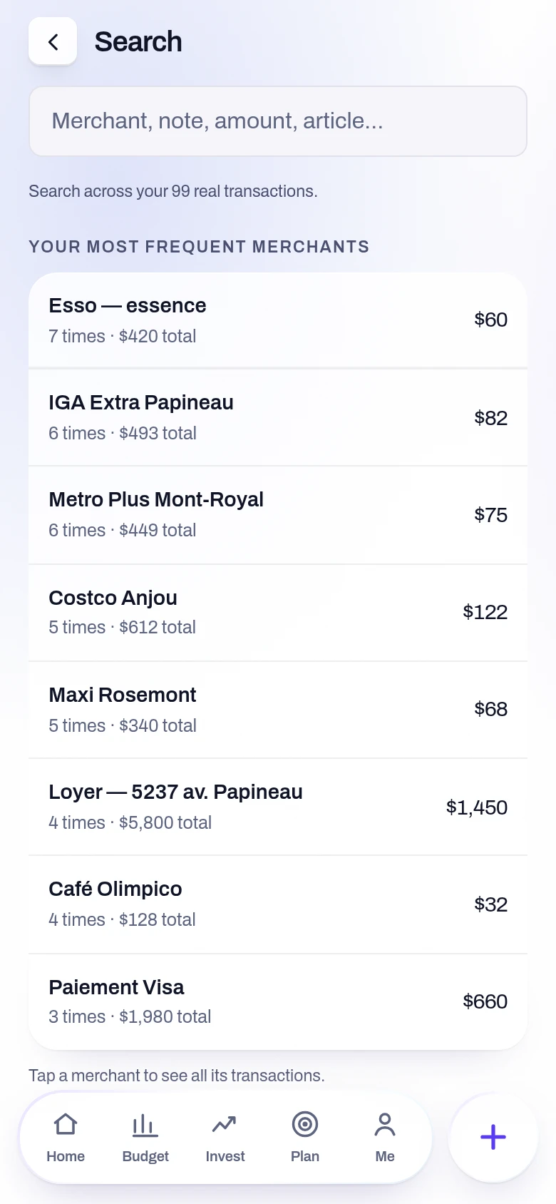 Screenshot of the Search screen in the Yoseri app. The field that searches your real transactions — merchant, note, amount, item — and your most frequent merchants with how often you went and what it added up to.
