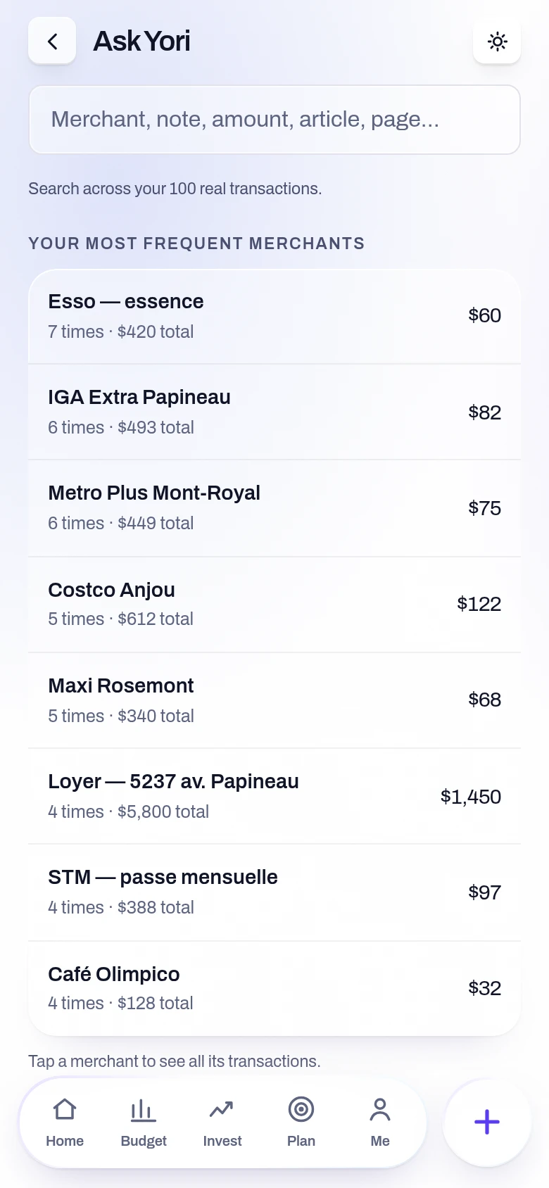 Screenshot of the Ask Yori screen in the Yoseri app. The field where you ask in plain words — merchant, note, amount, item or a real question — and your most frequent merchants with how often you went and what it added up to.