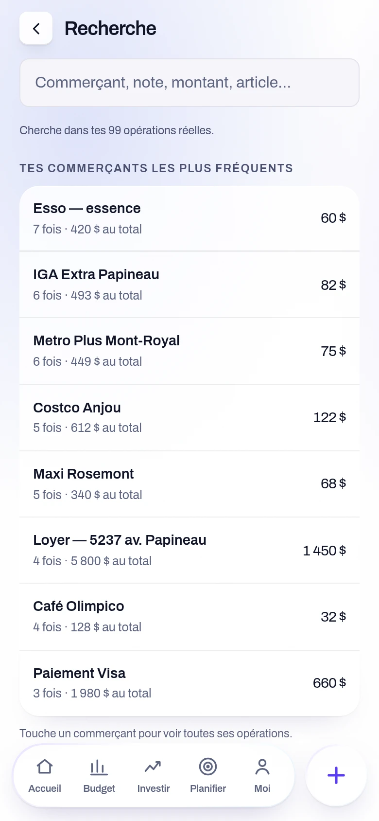 Capture de l’écran Recherche de l’application Yoseri. Le champ qui cherche dans tes vraies opérations — commerçant, note, montant, article — et tes commerçants les plus fréquents avec leur nombre de passages et leur total.