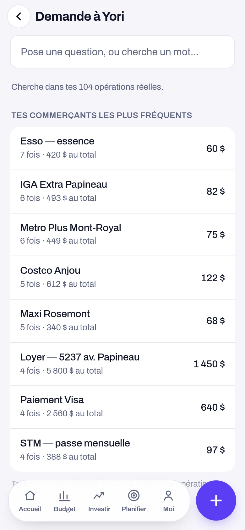 Demande à Yori — écran de l'application Yoseri