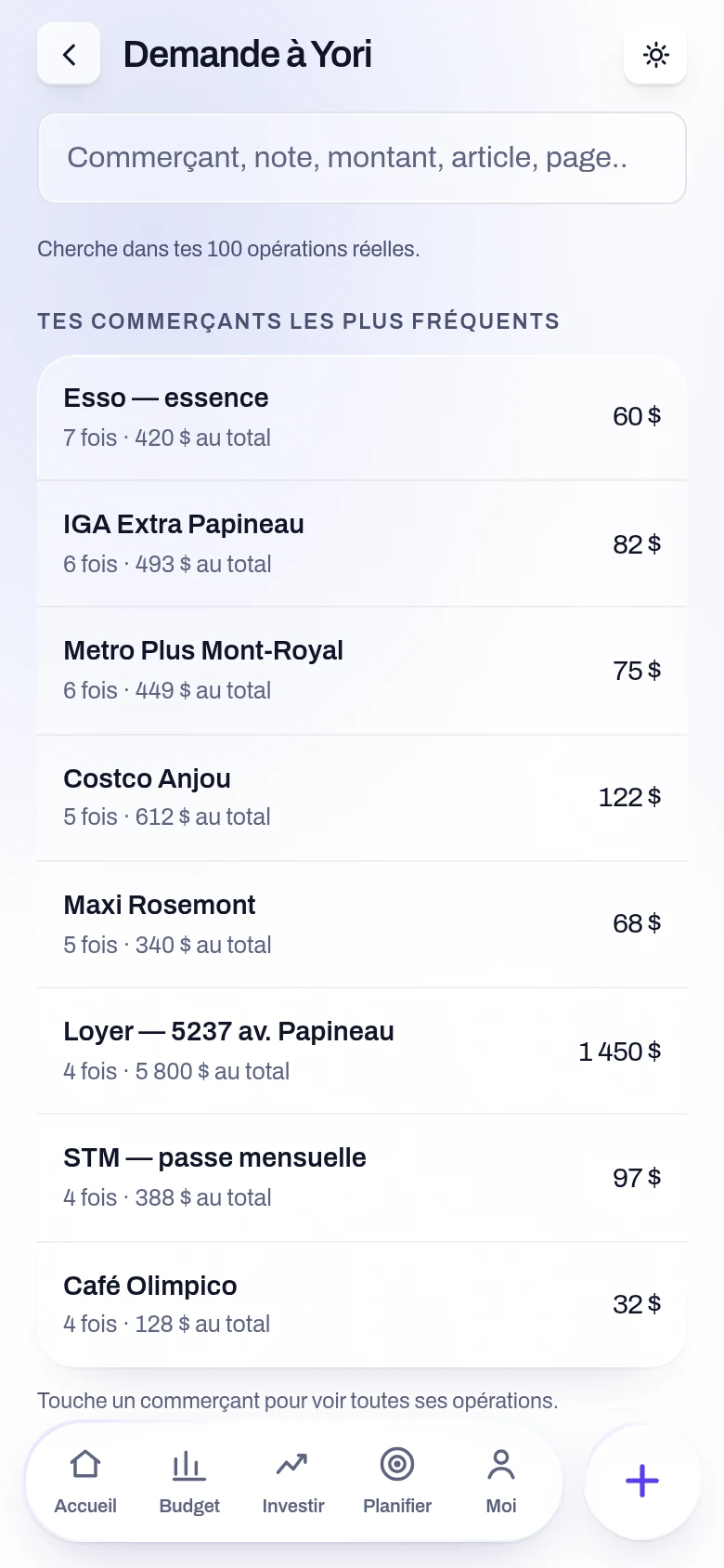 Capture de l’écran Demande à Yori de l’application Yoseri. Le champ où l’on demande en mots de tous les jours — commerçant, note, montant, article ou vraie question — et tes commerçants les plus fréquents avec leur nombre de passages et leur total.