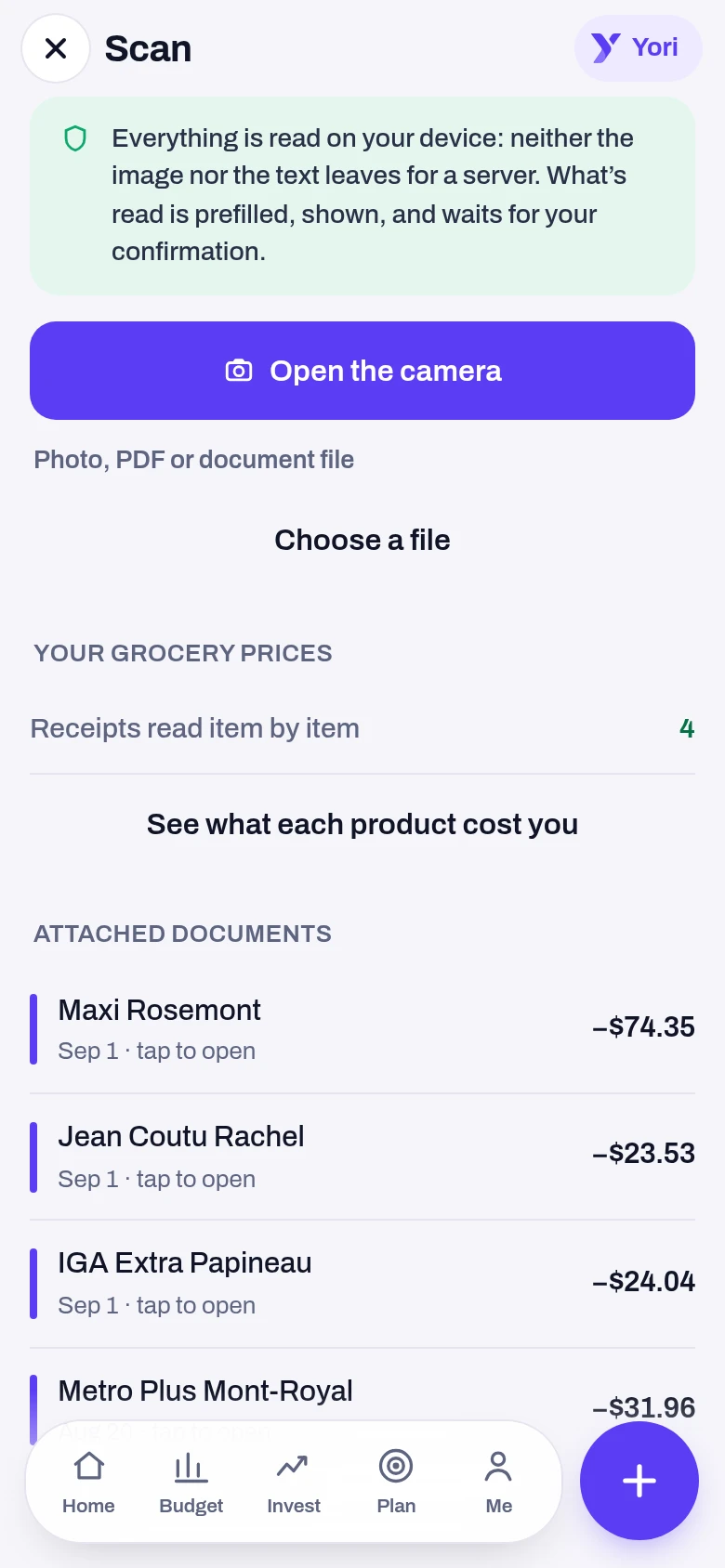 Receipts — a screen from the Yoseri app