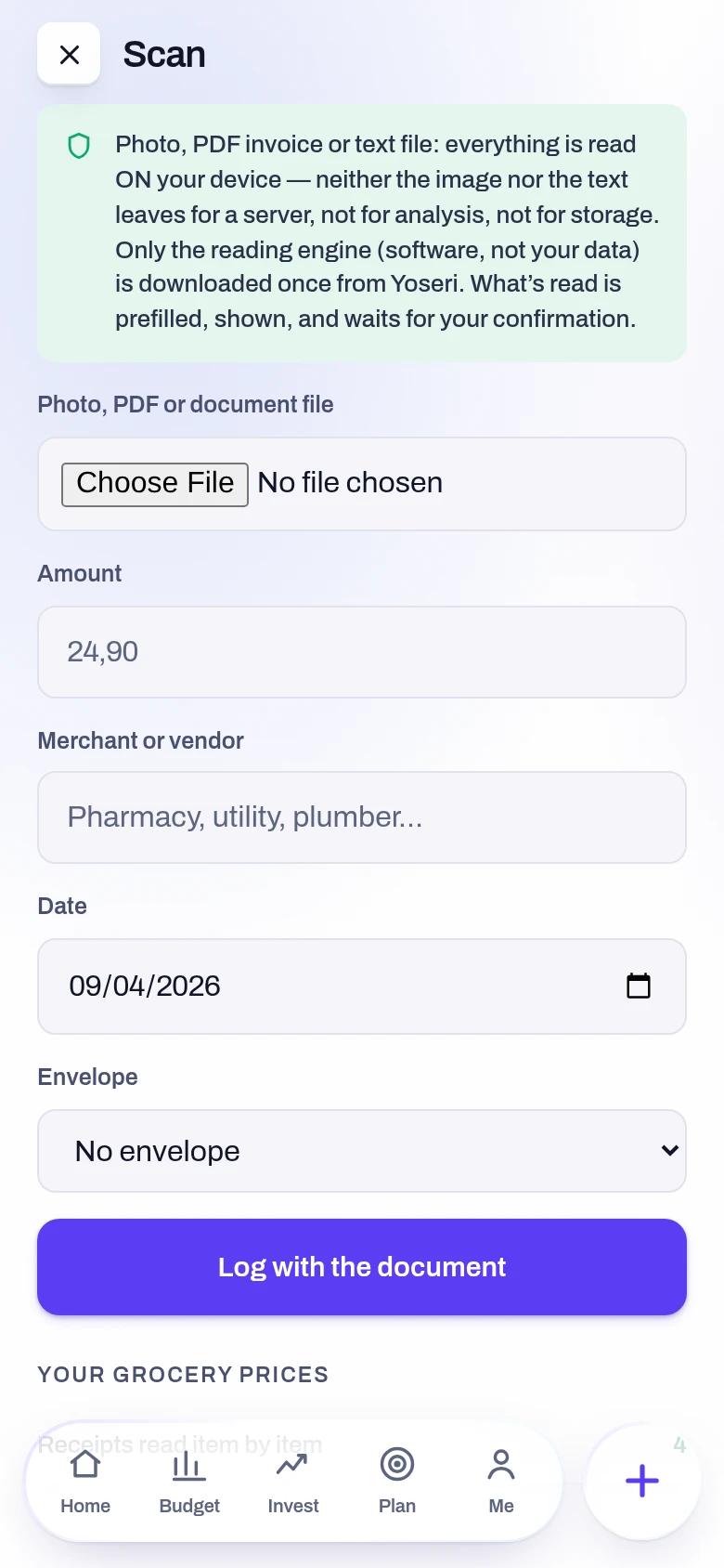 Screenshot of the Scan a receipt screen in the Yoseri app. The photo, PDF or file of the document, the pre-filled fields awaiting your confirmation — amount, merchant, date, envelope — and the written promise: everything is read on your device.
