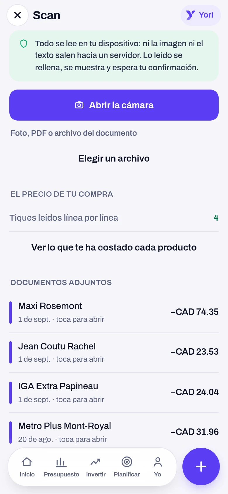 Recibos — pantalla de la app Yoseri