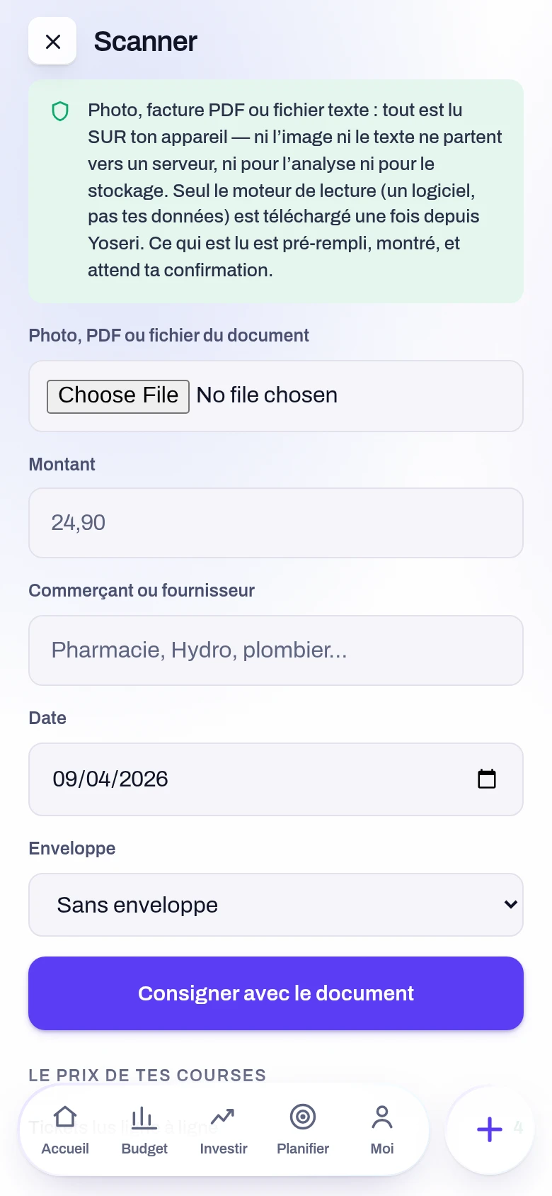 Capture de l’écran Scanner un reçu de l’application Yoseri. La photo, le PDF ou le fichier du document, les champs pré-remplis à confirmer — montant, commerçant, date, enveloppe — et la promesse écrite : tout est lu sur ton appareil.