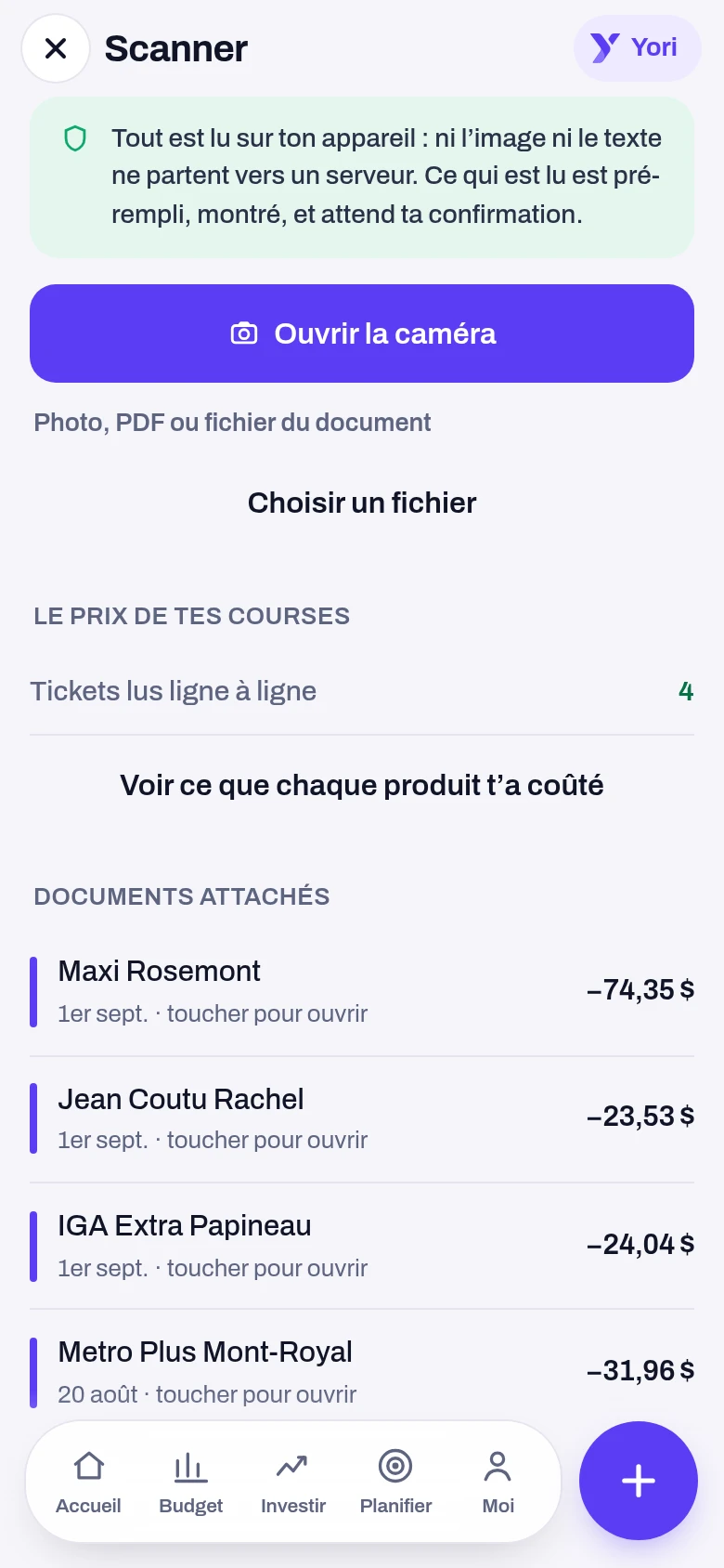 Reçus — écran de l'application Yoseri