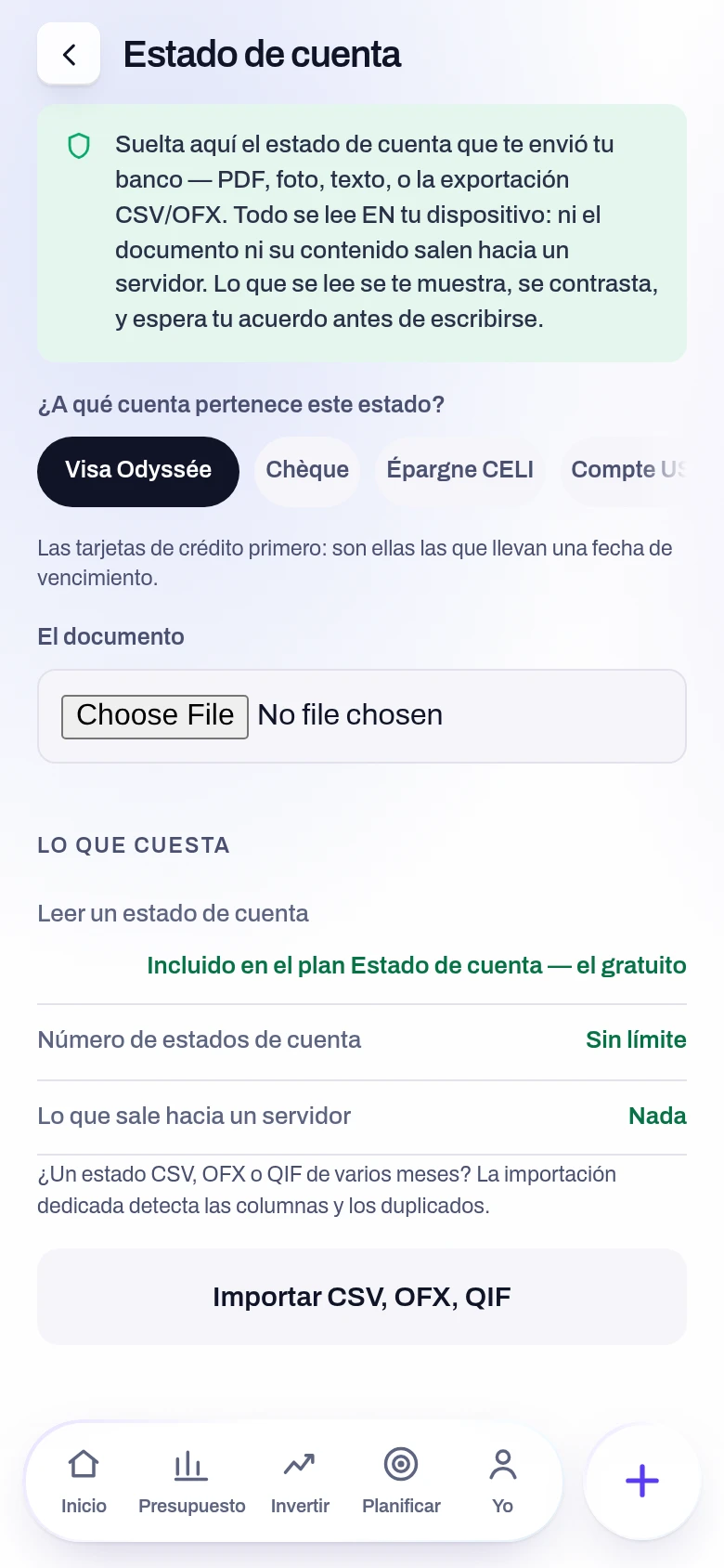 Captura de la pantalla Leer un extracto de la aplicación Yoseri. La cuenta a la que pertenece el extracto, el documento que dejas — PDF, foto, texto o CSV/OFX — y las tres líneas que importan: incluido en el plan gratuito, extractos sin límite, nada sale hacia un servidor.