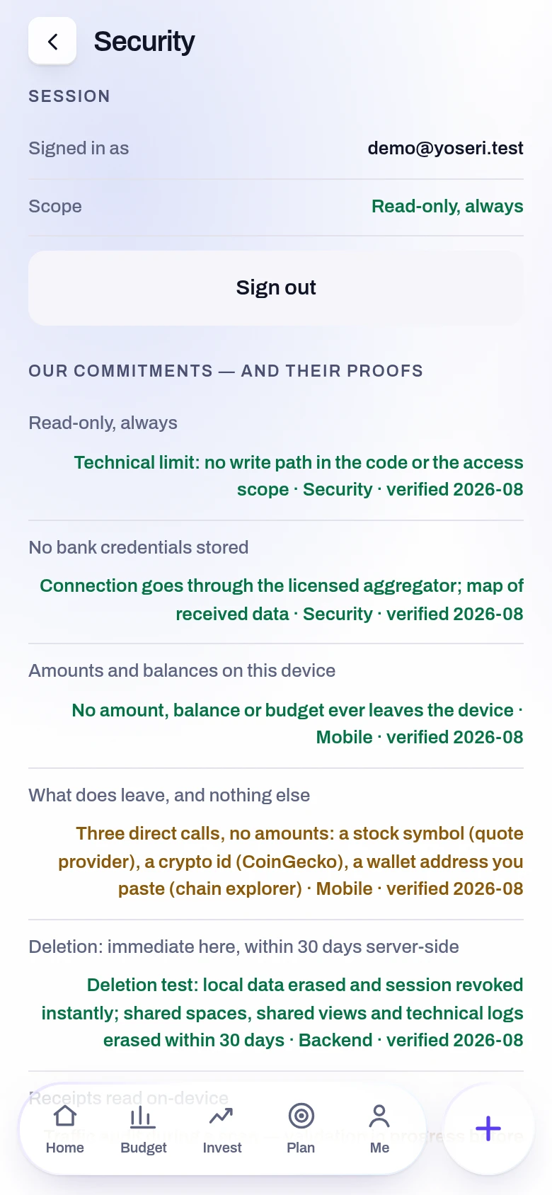 Screenshot of the Security and access screen in the Yoseri app. The connections in force with their dates, two-step verification, the access log, and the button that revokes everything.