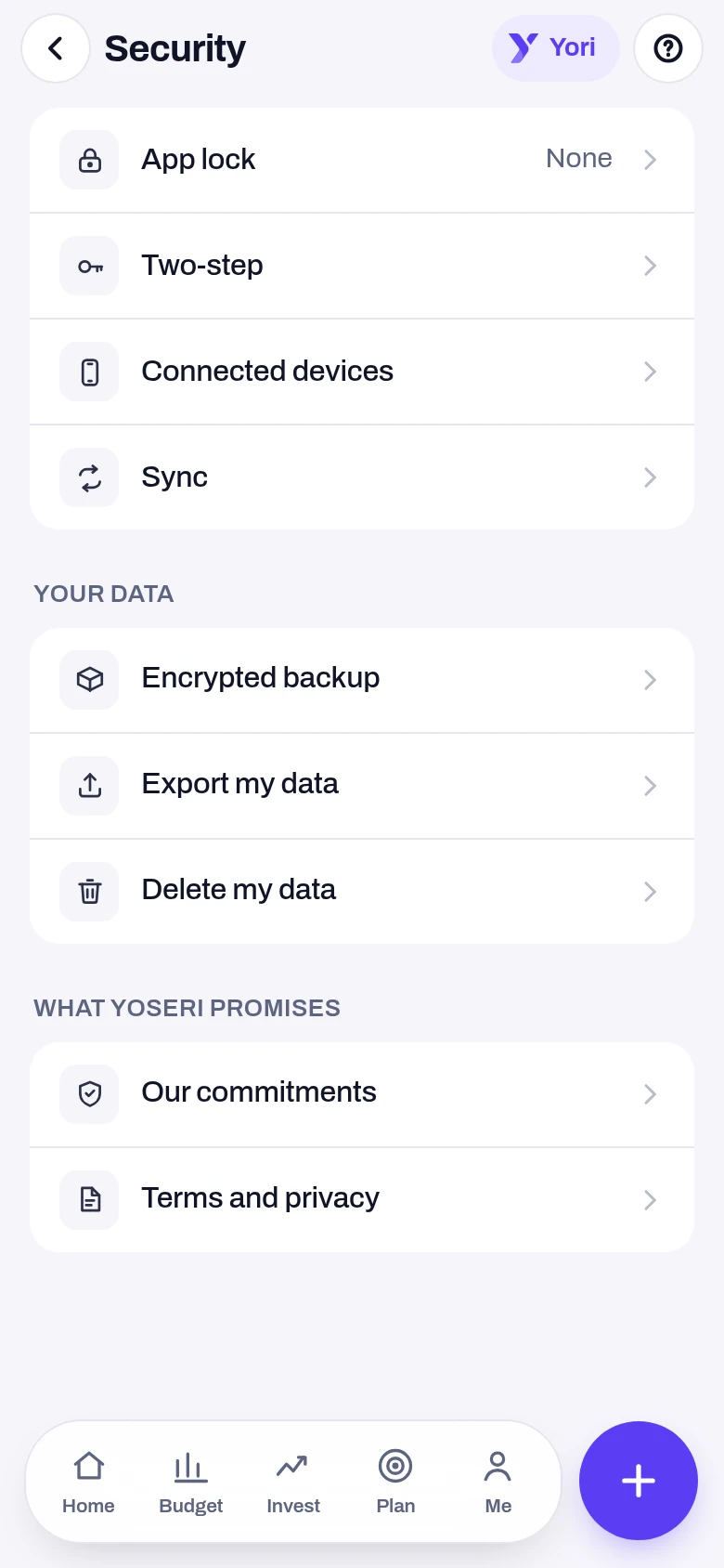 Security — a screen from the Yoseri app