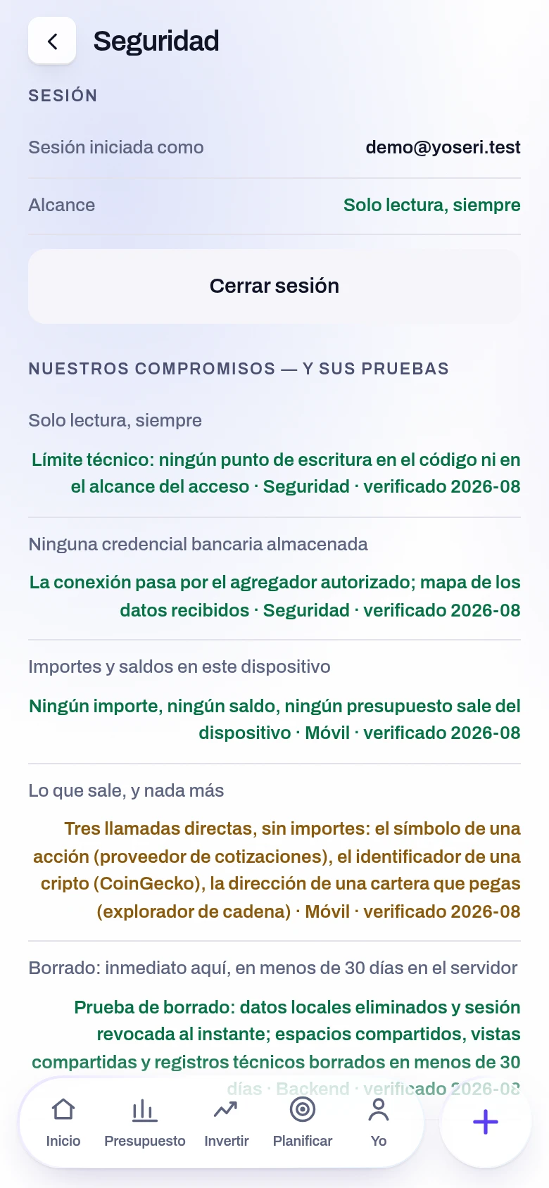 Captura de la pantalla Seguridad y acceso de la aplicación Yoseri. Los accesos vigentes con su fecha, la verificación en dos pasos, el registro de conexiones y el botón que lo revoca todo.