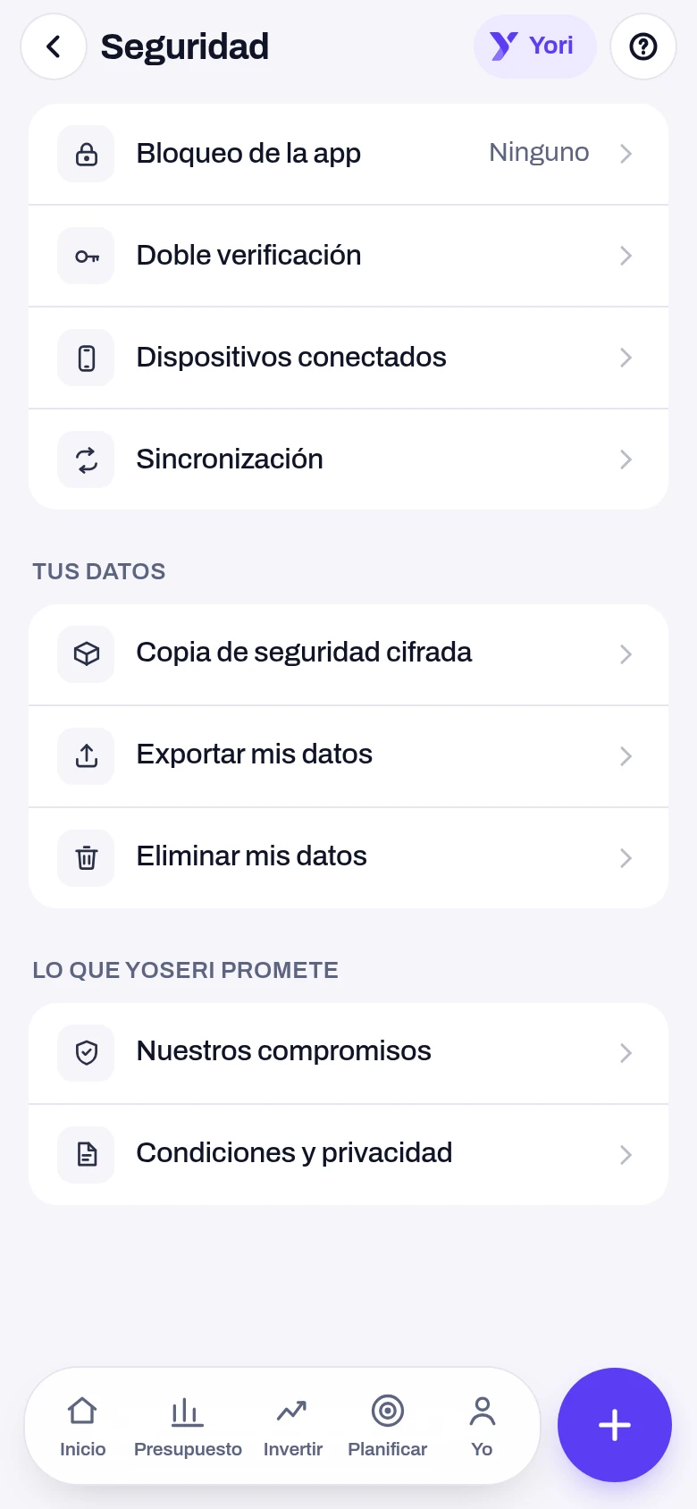 Seguridad — pantalla de la app Yoseri