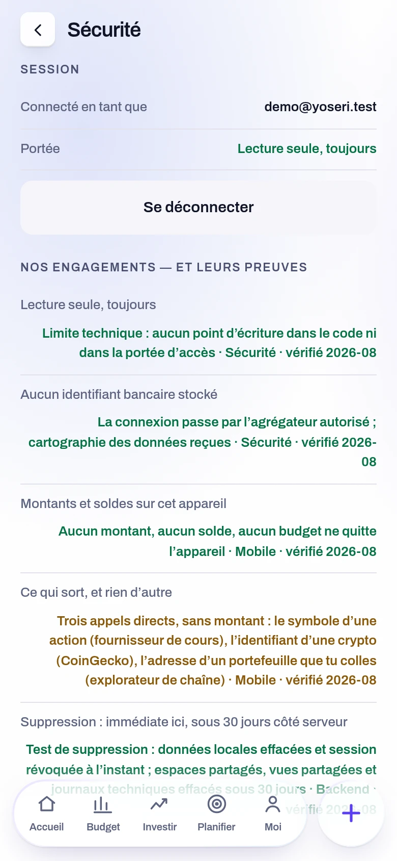 Capture de l’écran Sécurité et accès de l’application Yoseri. Les accès en cours avec leur date, la vérification en deux étapes, le journal des connexions et le bouton qui révoque tout.